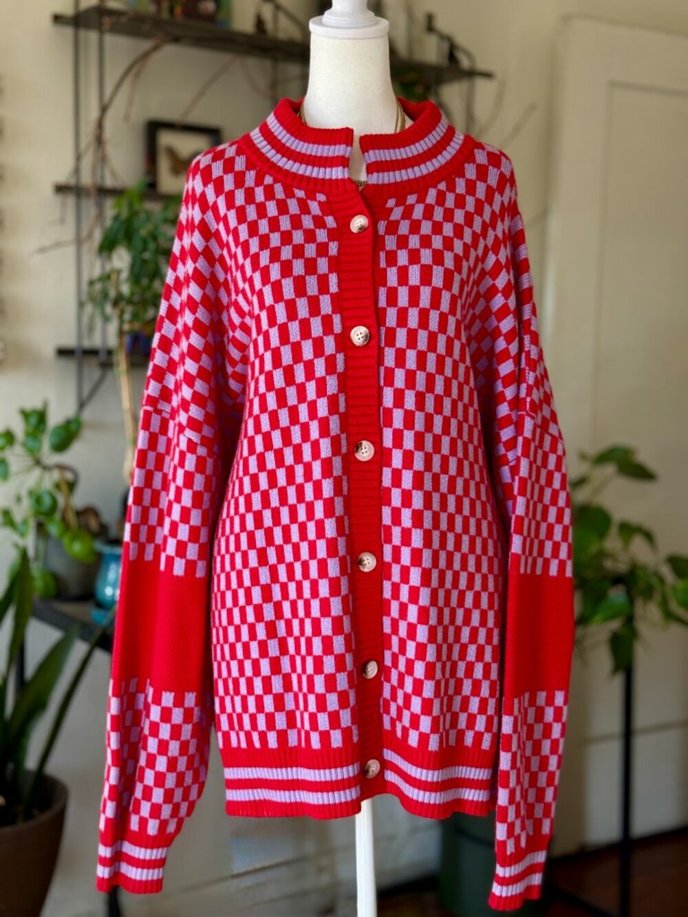 Dressed In Lala Oversized Grandpa Cardigan | Red + Lavender (L/XL) - Picture 3 of 8